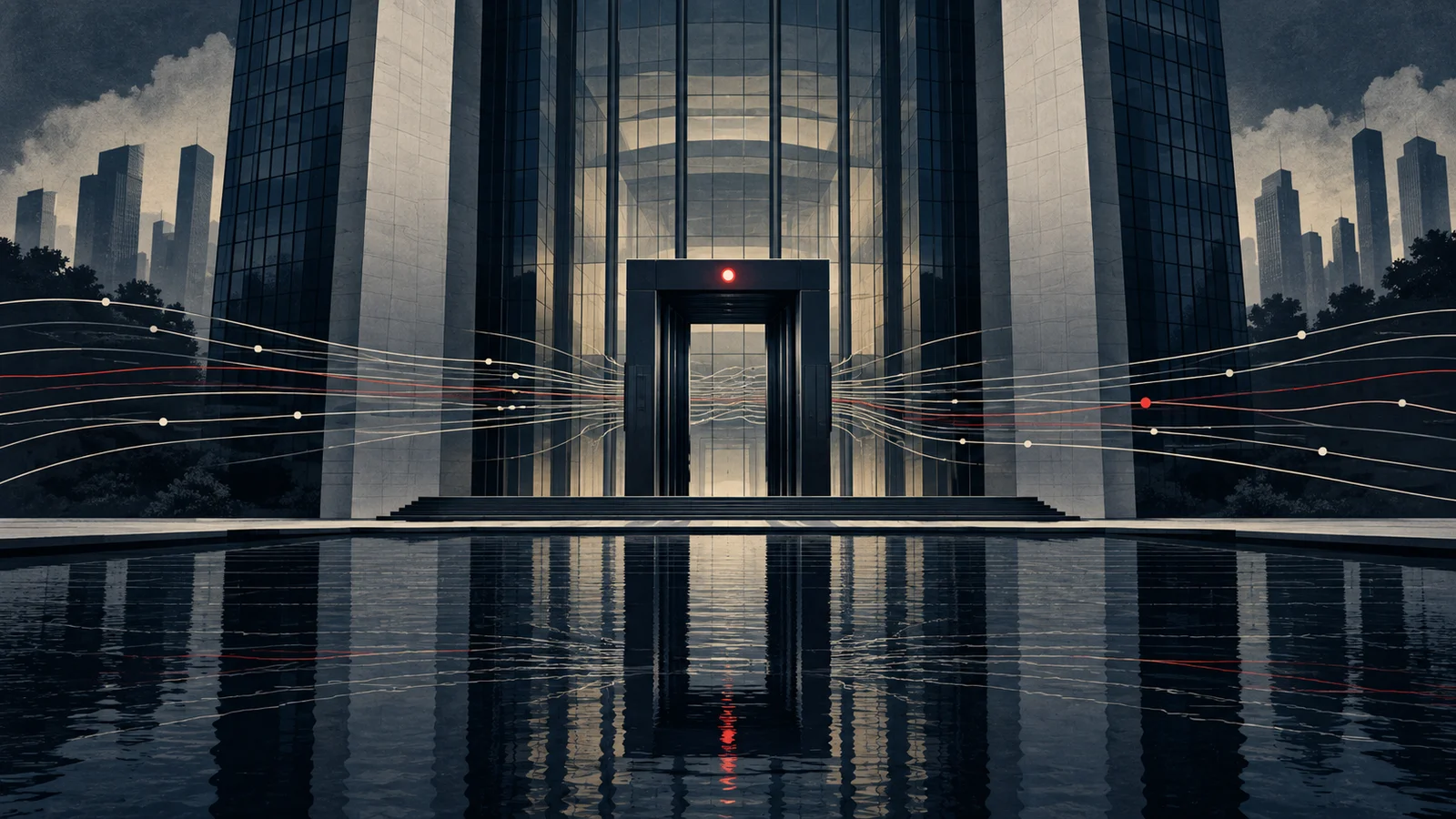 Conceptual illustration of transaction paths passing through a bank compliance checkpoint