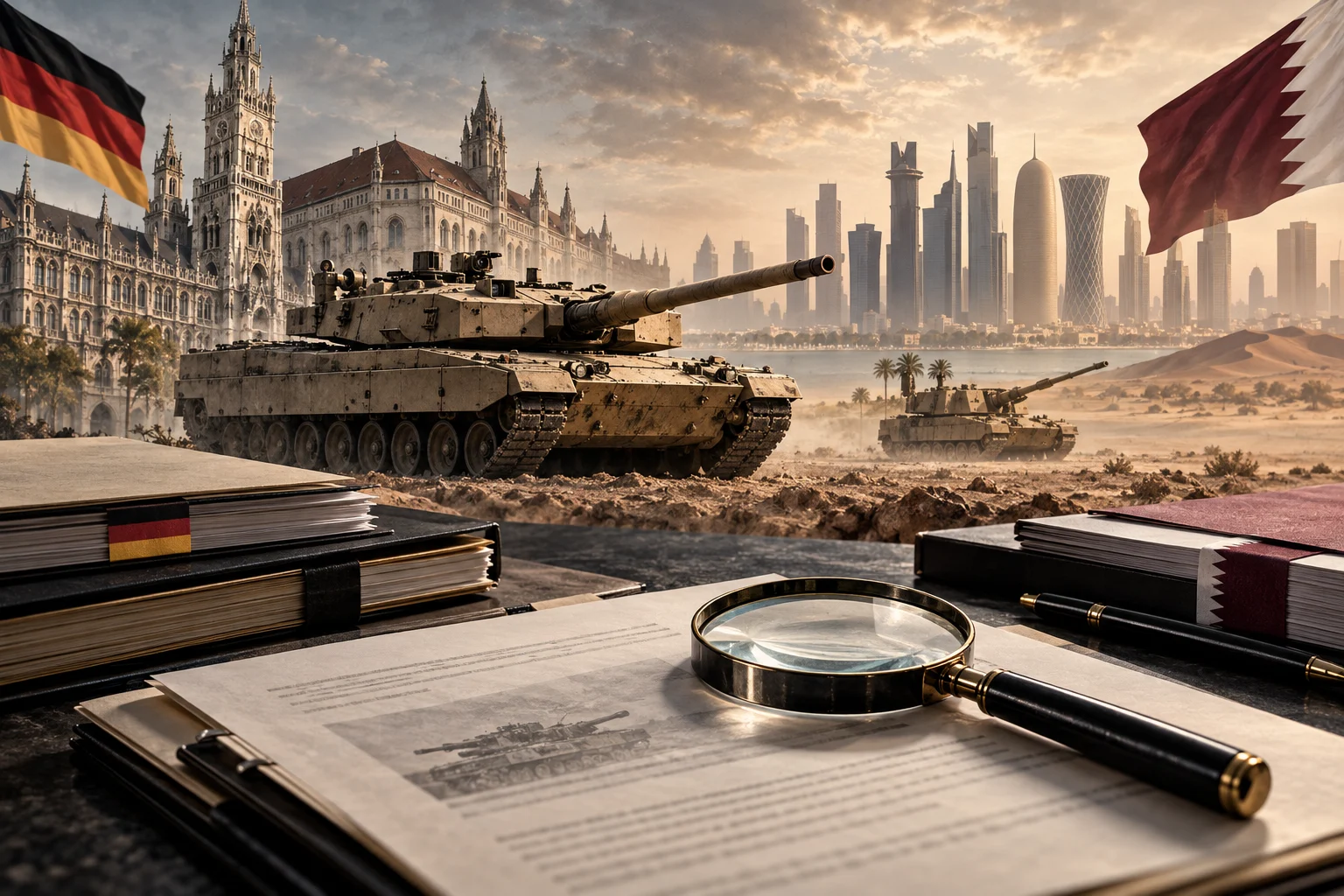 Redaktionelle Illustration mit einem Panzer, Vertragsunterlagen sowie der deutschen und katarischen Flagge