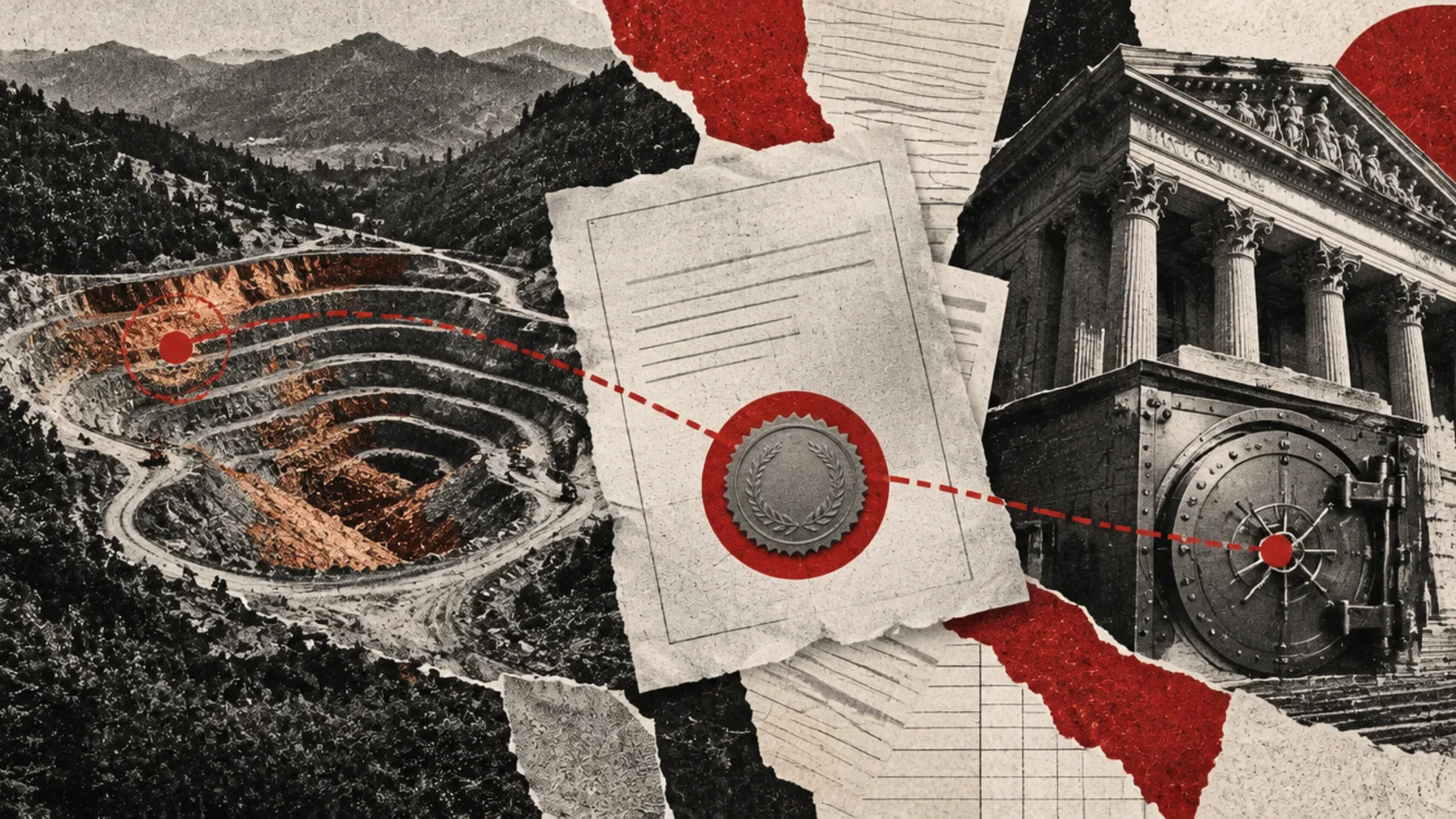 Illustration éditoriale : une mine de cuivre à ciel ouvert en gradins dans les montagnes du Caucase au crépuscule, avec au premier plan un document de licence vierge posé sur une table en acier.