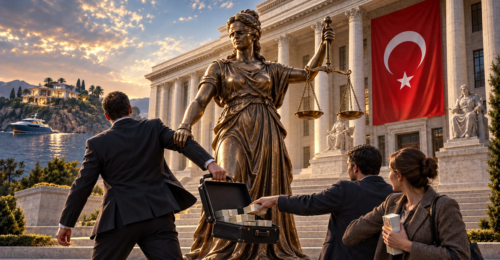 Editorial illustration of justice, asset recovery and the Turkish flag