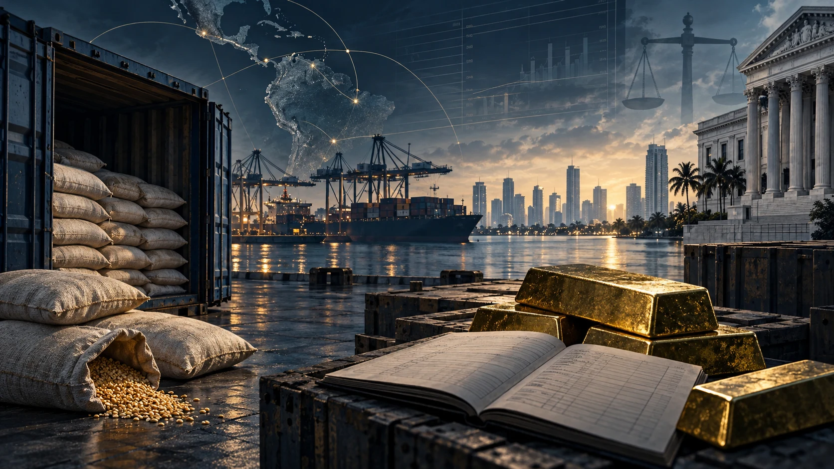 Conceptual illustration of shipping, gold and cross-border financial records