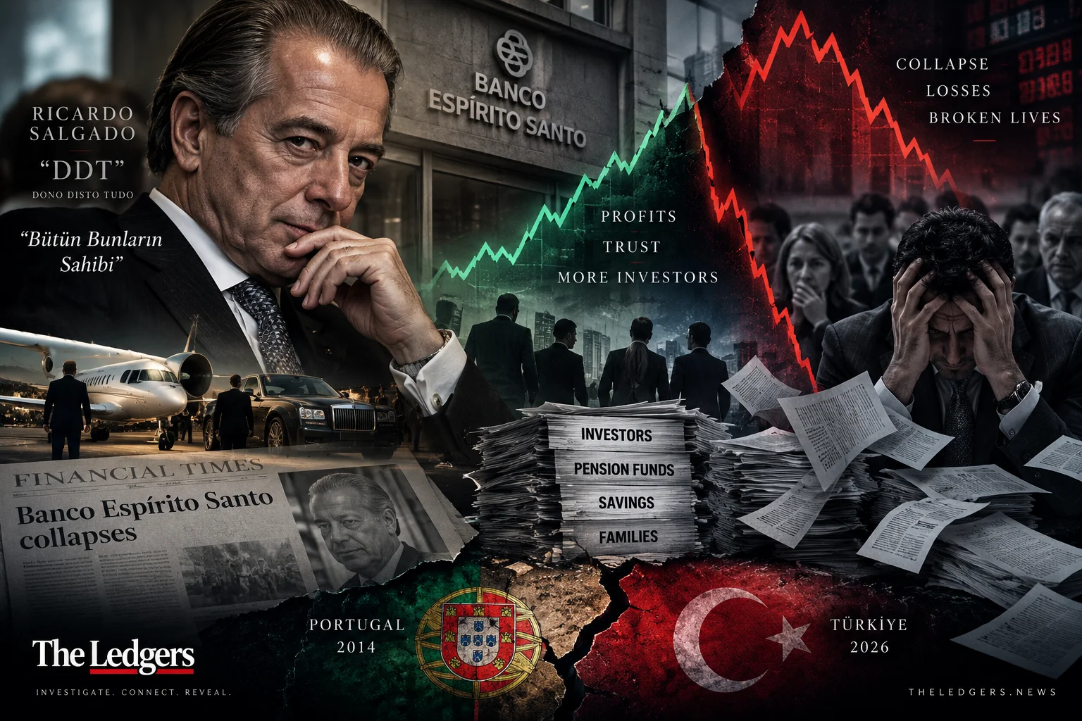 Redaktionelle Collage mit Ricardo Salgado, Banco Espírito Santo und einem Fondszusammenbruch