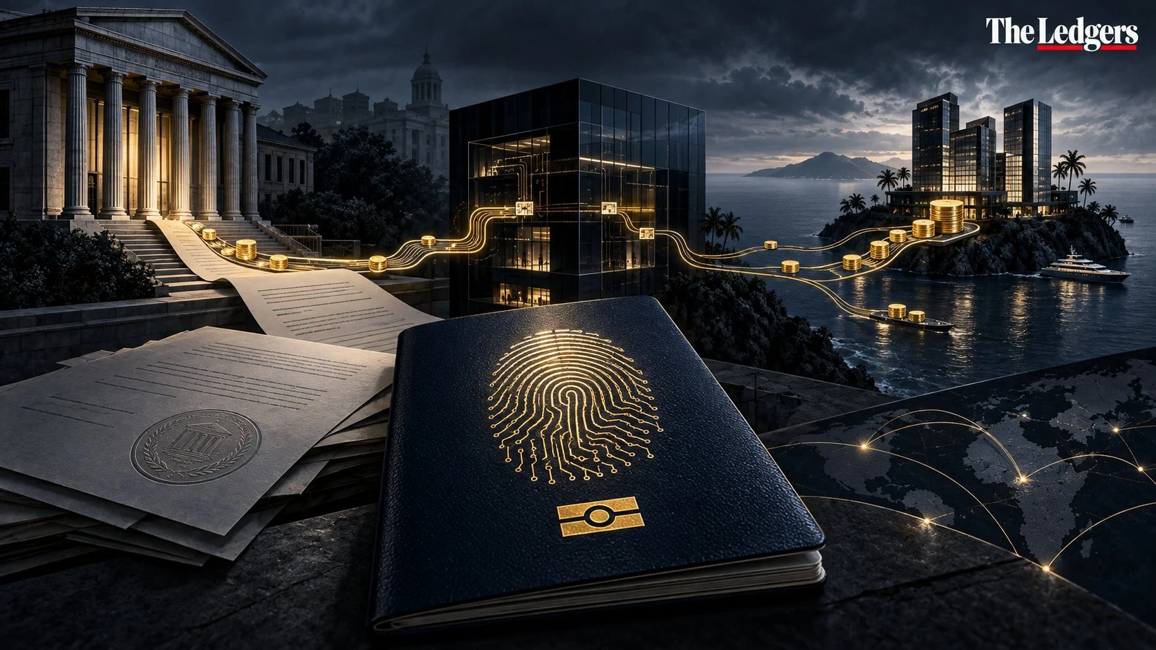 Illustration eines biometrischen Passes, von Verträgen und Finanzflüssen zwischen öffentlichen Institutionen und Offshore-Gesellschaften.