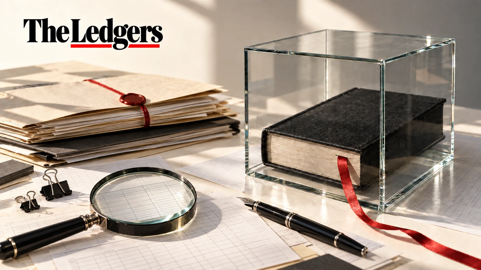 Ein geschlossenes Hauptbuch in einer Glasvitrine neben versiegelten Akten und einer Lupe.