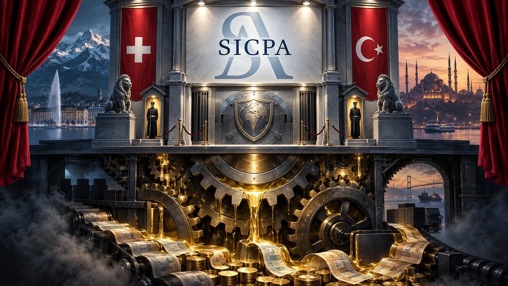 Redaktionelle Illustration von SICPA, Schweizer und türkischen Flaggen, einem Druckmechanismus und Steuerbanderolen.