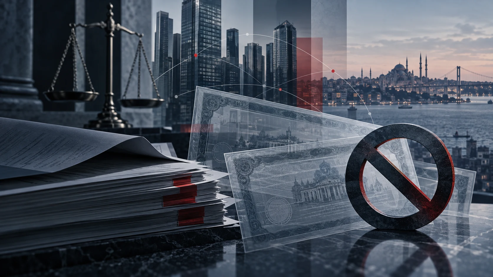Conceptual illustration of securities, financial records and Istanbul